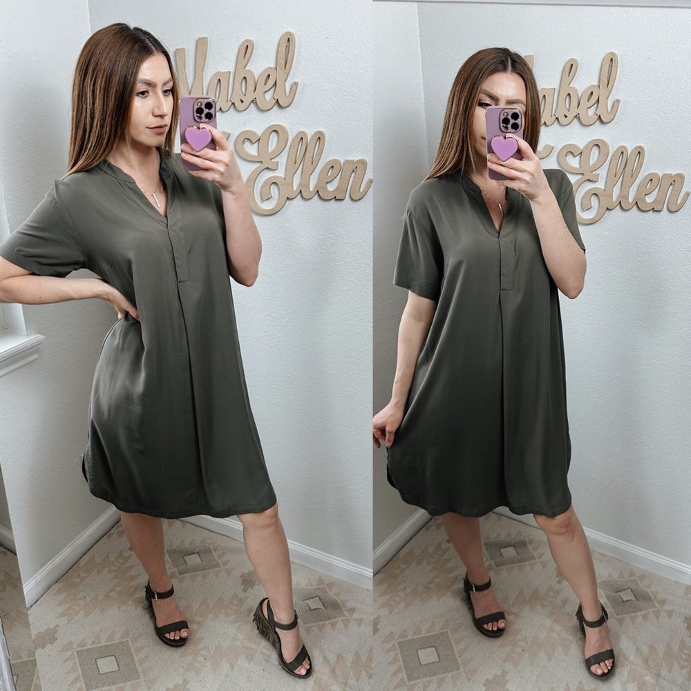 H&M effortless dark khaki green V-neck tunic short dress size XS